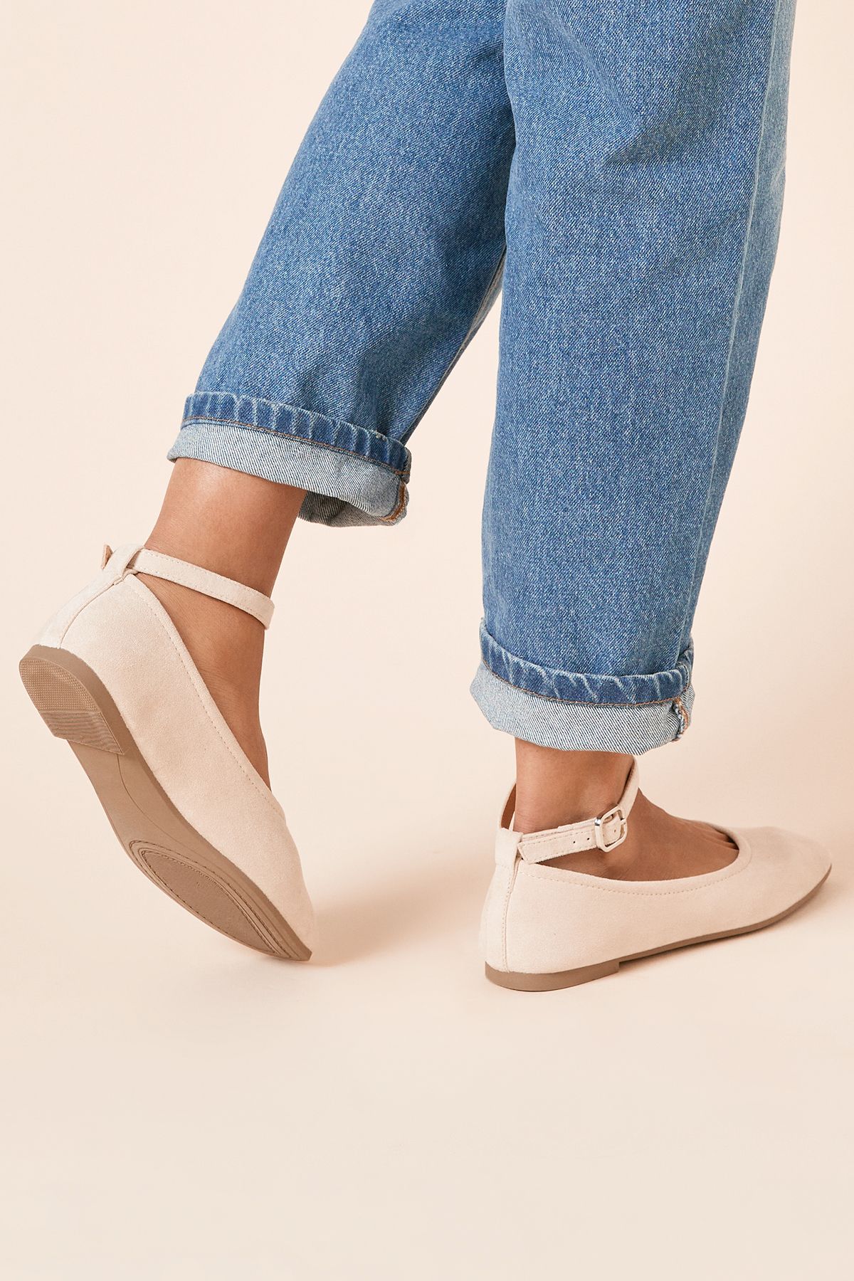 Dorothy Perkins Paula Faux Suede Square Toe Ankle Strap Ballet Pumps Taupe image 4