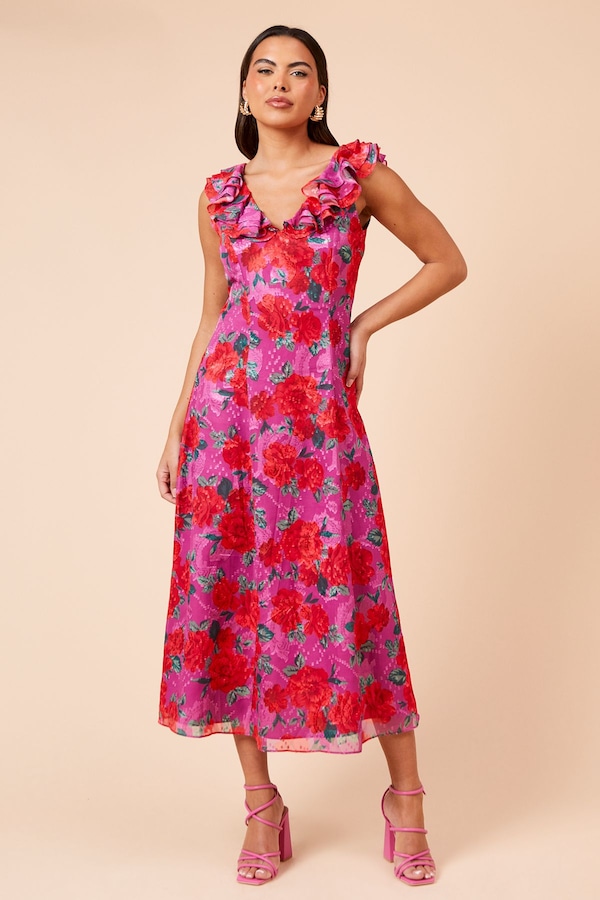 Dorothy Perkins DP Luxe  Printed Jacquard Chiffon Ruffle Front Sleeveless Midi Dress Floral
