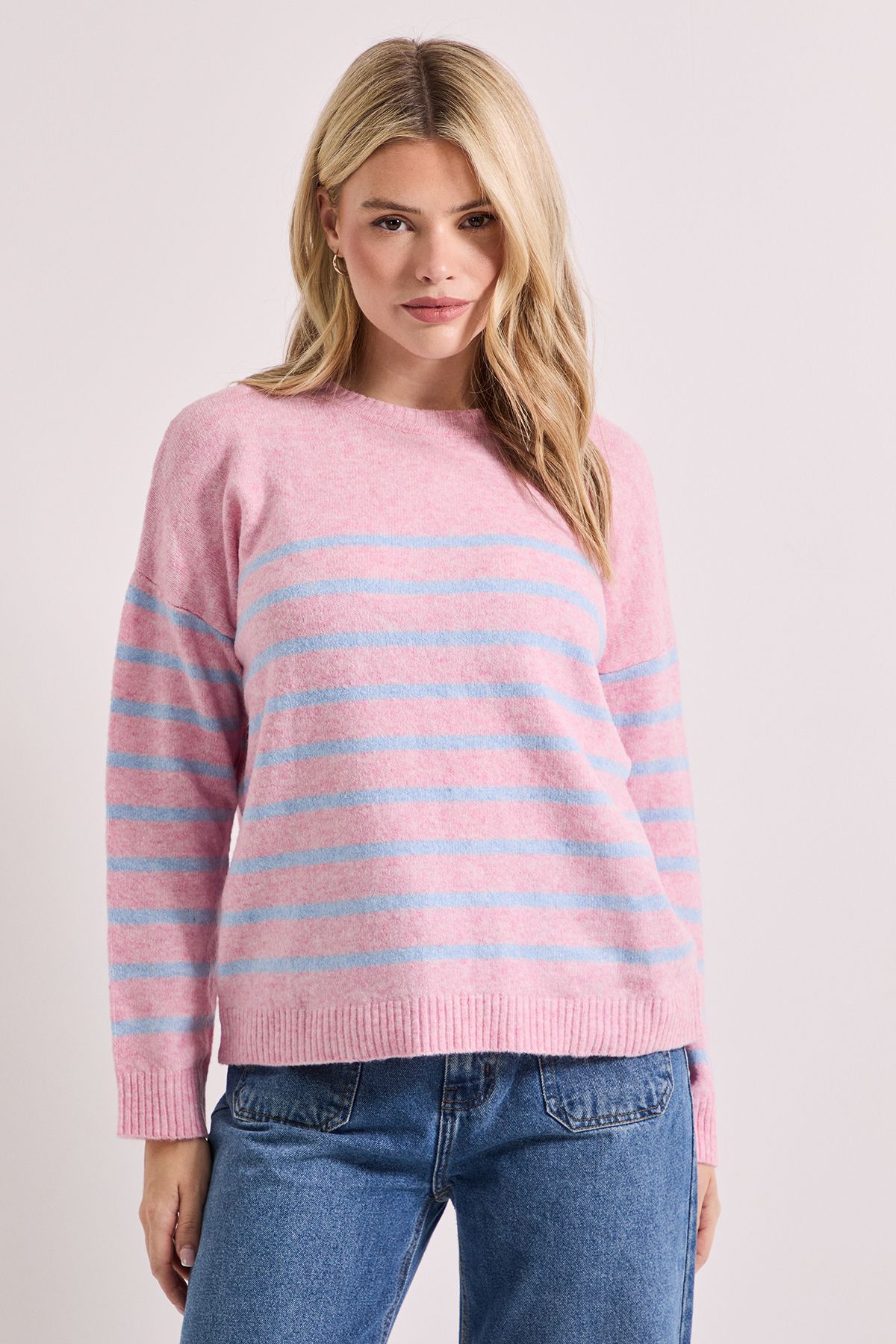 Dorothy Perkins Stripe Placement Crew Jumper Pale Pink image 1