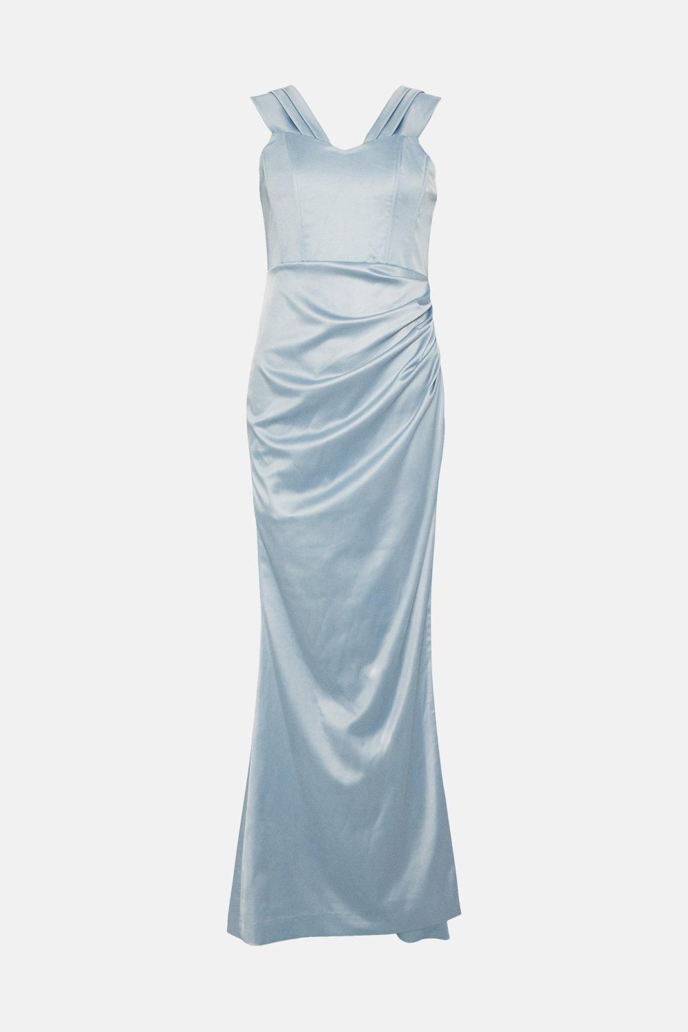 Coast Structured Satin Bardot Wrap Bridesmaids Maxi Dress Pale Blue image 4
