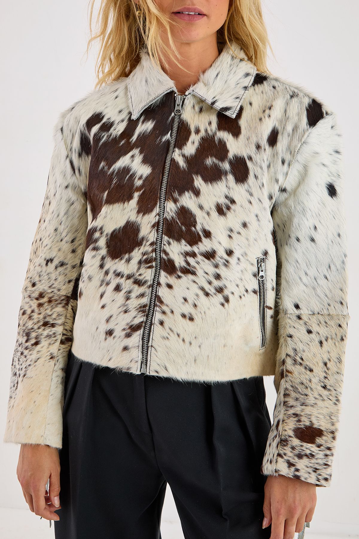NastyGal Animal Cow Hide Leather Zip Through Fringe Jacket Animal image 2