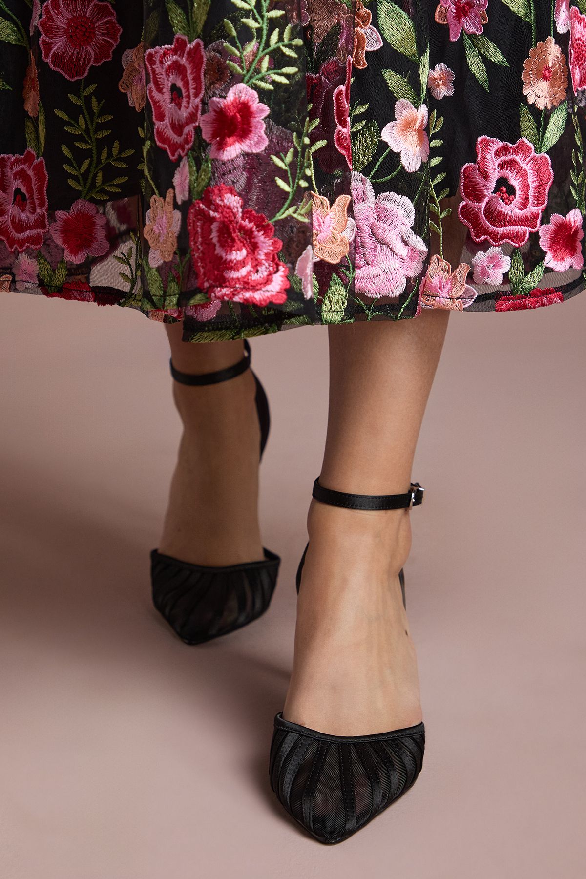 Coast Krystal Satin Mesh Detail High Stiletto Heel Court Shoes Black image 2