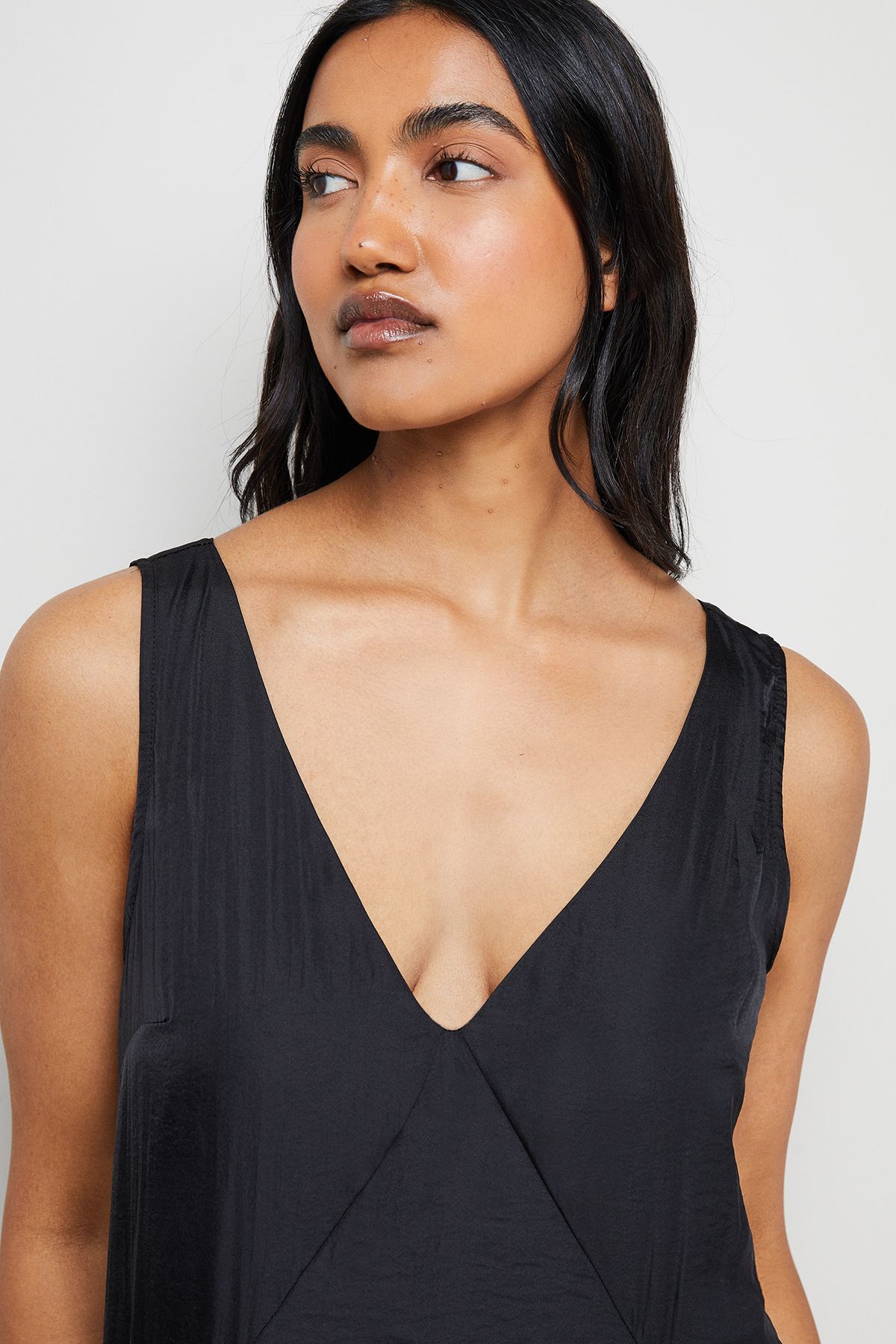 Warehouse Satin Sleeveless Asymmetric Hem Chiffon Godet Midi Dress Black image 4