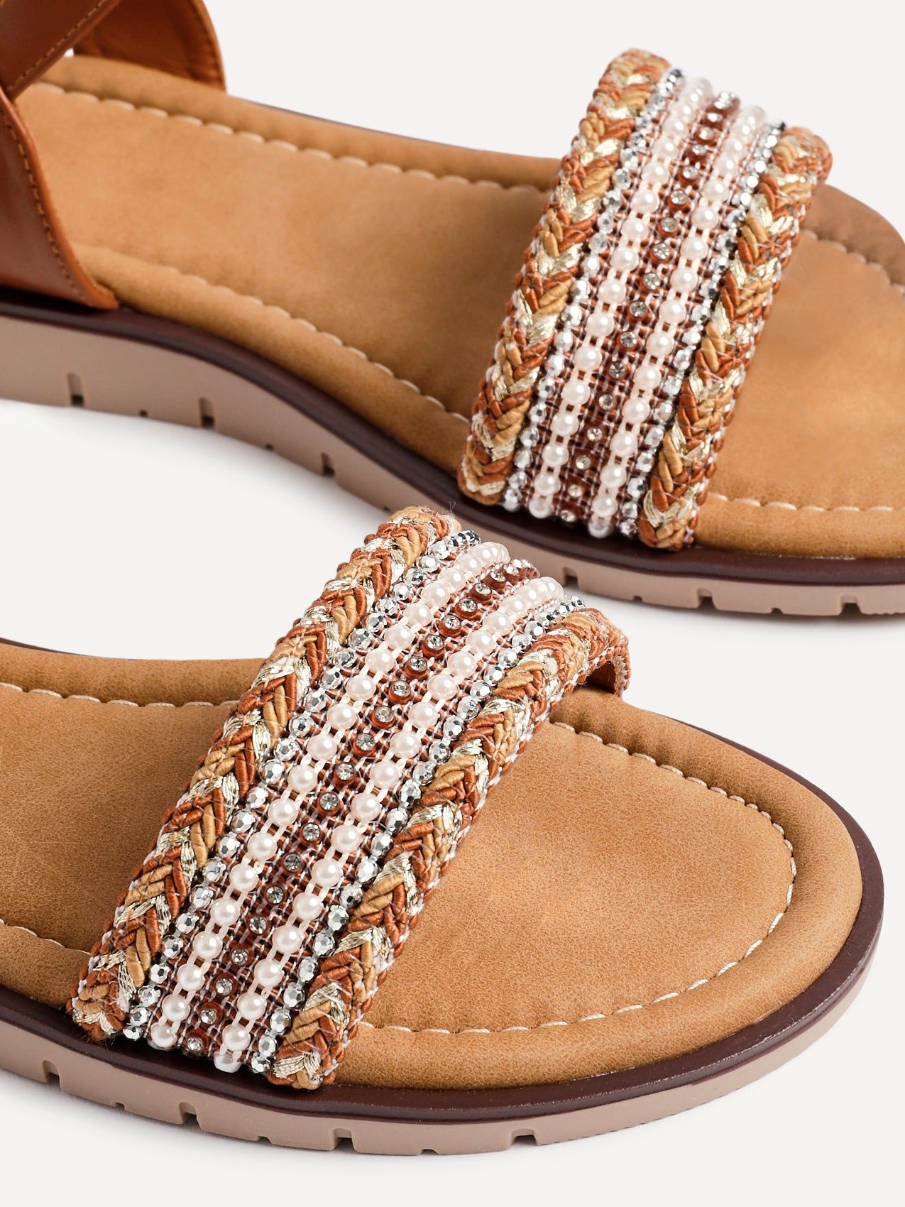 Linzi Halo Tan Weaved Embellished Flat Sandals image 5