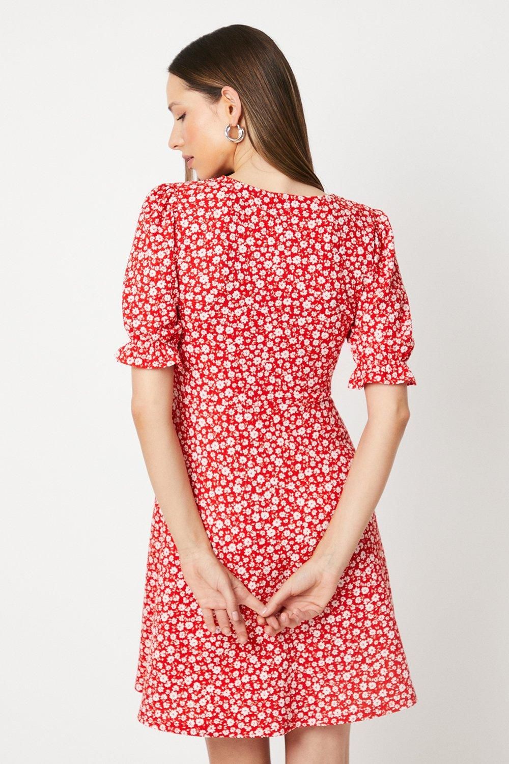 Dorothy Perkins Red Ditsy V Neck Short Sleeve Mini Dress Red image 3