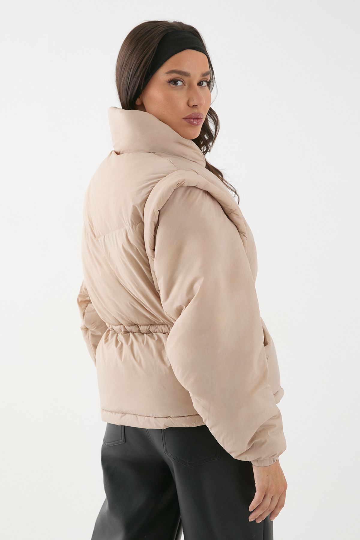 MissPap Detachable Sleeve Two In One Puffer Coat Taupe image 3