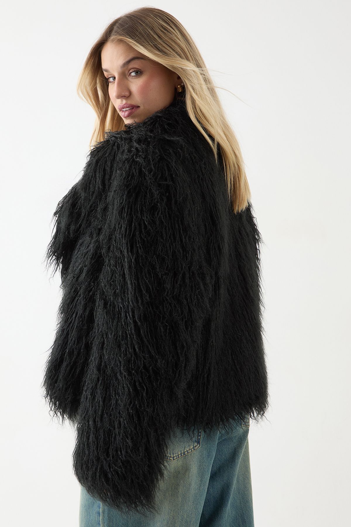 MissPap Mongolian Collared Faux Fur Jacket Black image 3