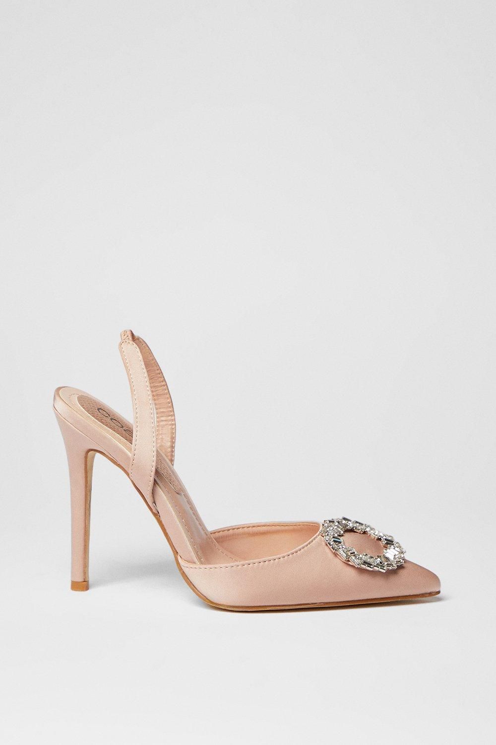 Coast Serenity Satin Brooch Detail High Heel Slingback Court Shoes Champagne image 2