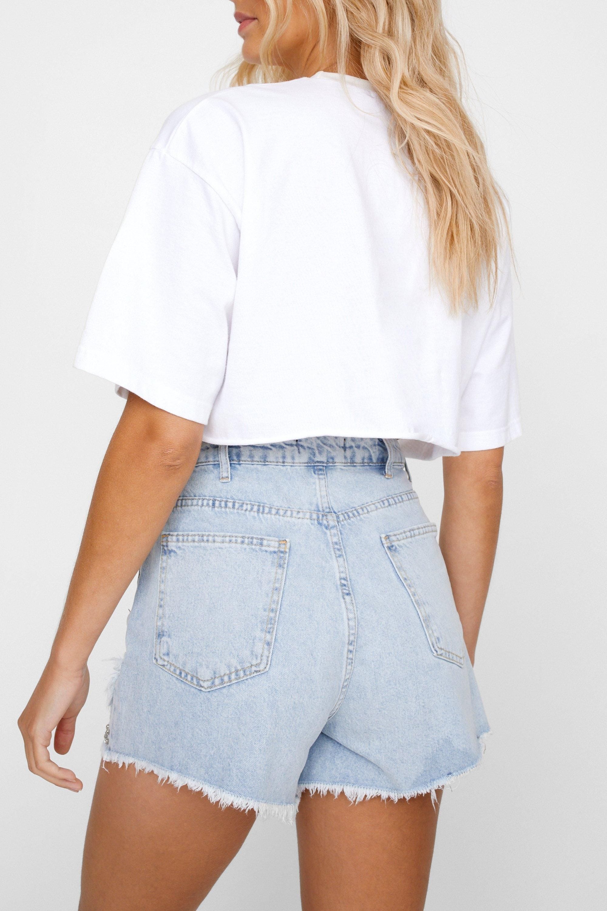 NastyGal Embellished Raw Hem Denim Shorts Light Wash image 4