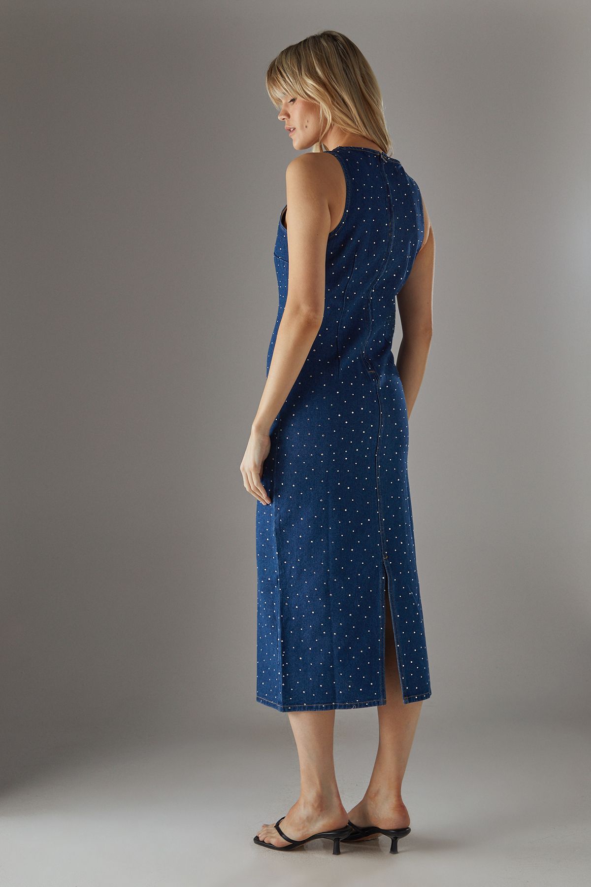 Warehouse Denim All Over Hot Fix Sleeveless Fitted Midi Dress Dark Wash image 4