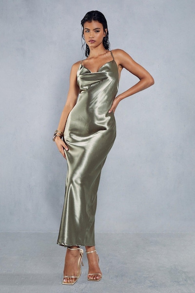 MissPap Metallic Satin Cowl Neck Neck Split Leg Maxi Dress Green