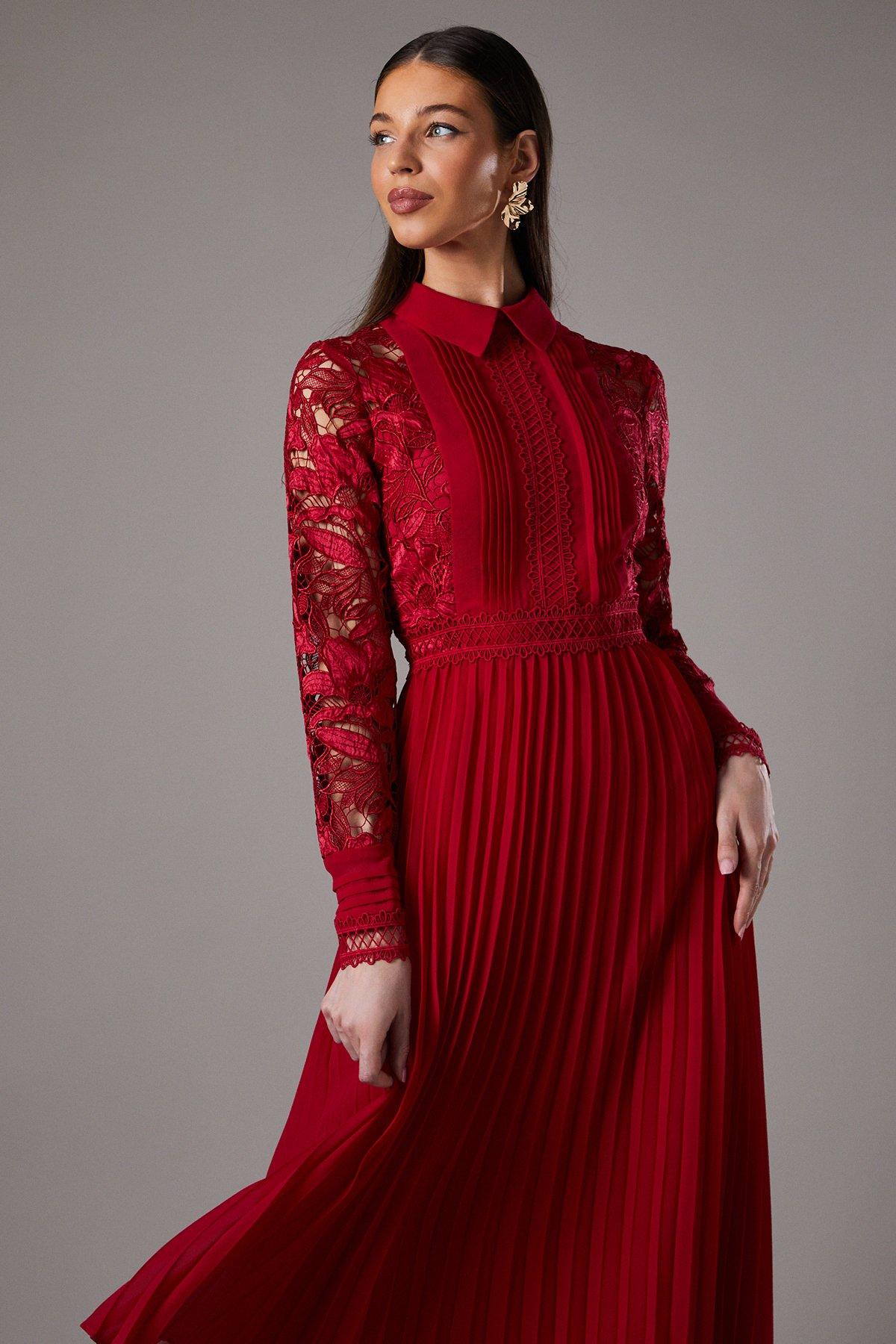 Red Striped Pleated Shirt Dress