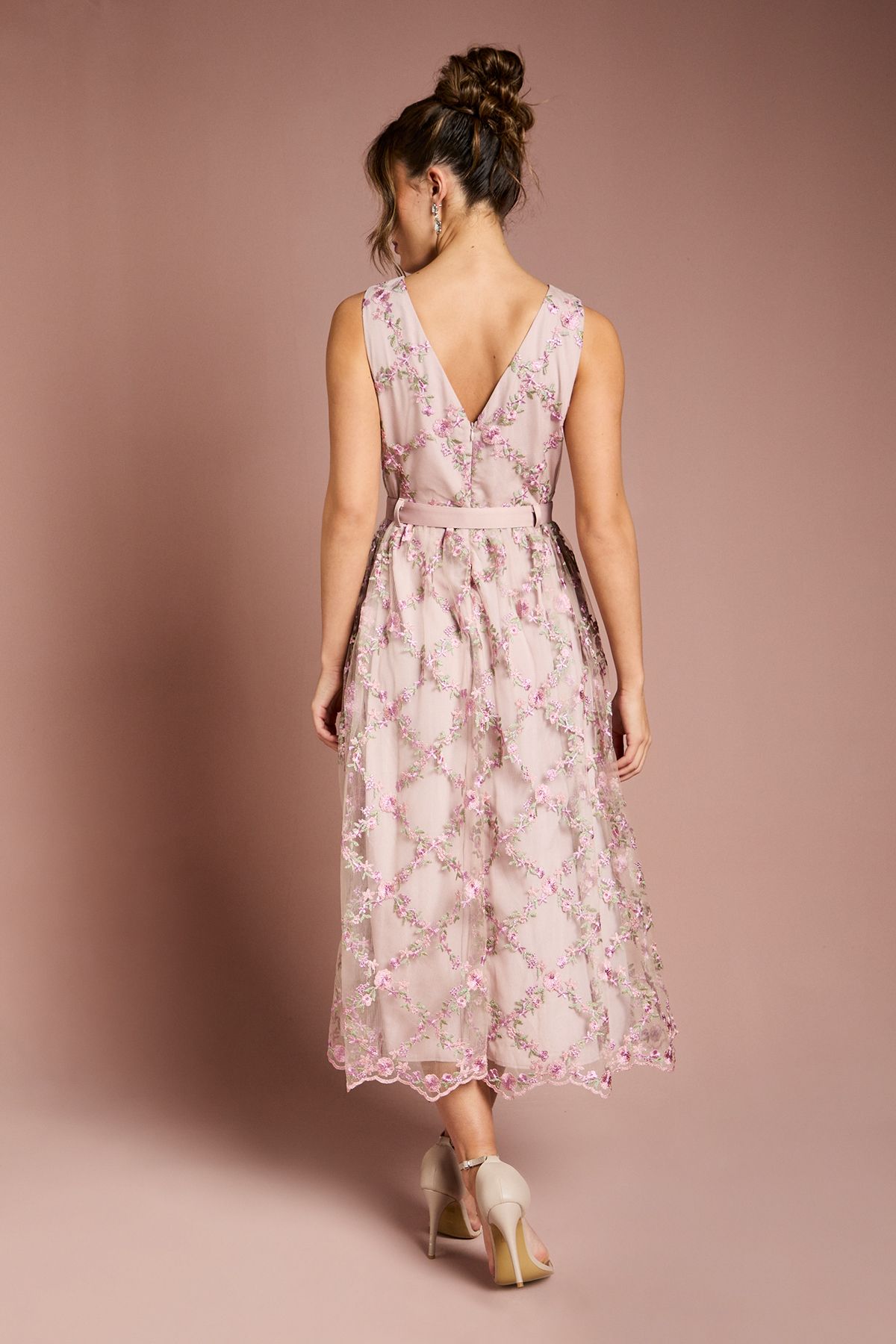 Coast Metallic Floral Embroidered Mesh Midi Dress Blush image 3