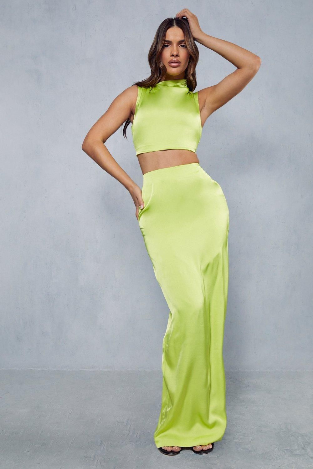 MissPap Satin Split Back Maxi Skirt Lime image 2