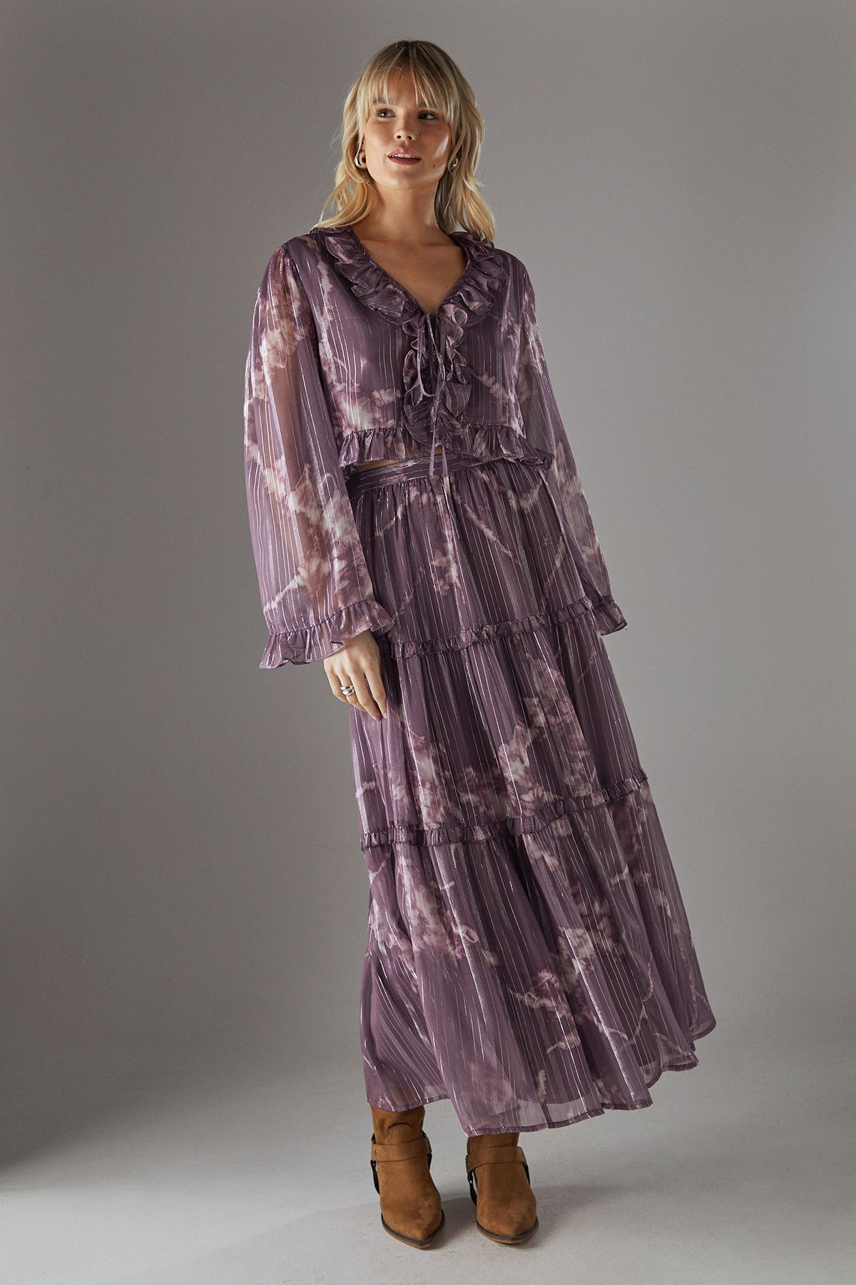 Warehouse Metallic Chiffon Tier Maxi Skirt Mauve