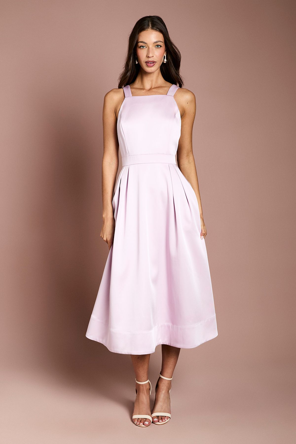 Coast Satin Bow Shoulder Pleated Midi Dress Lilac
