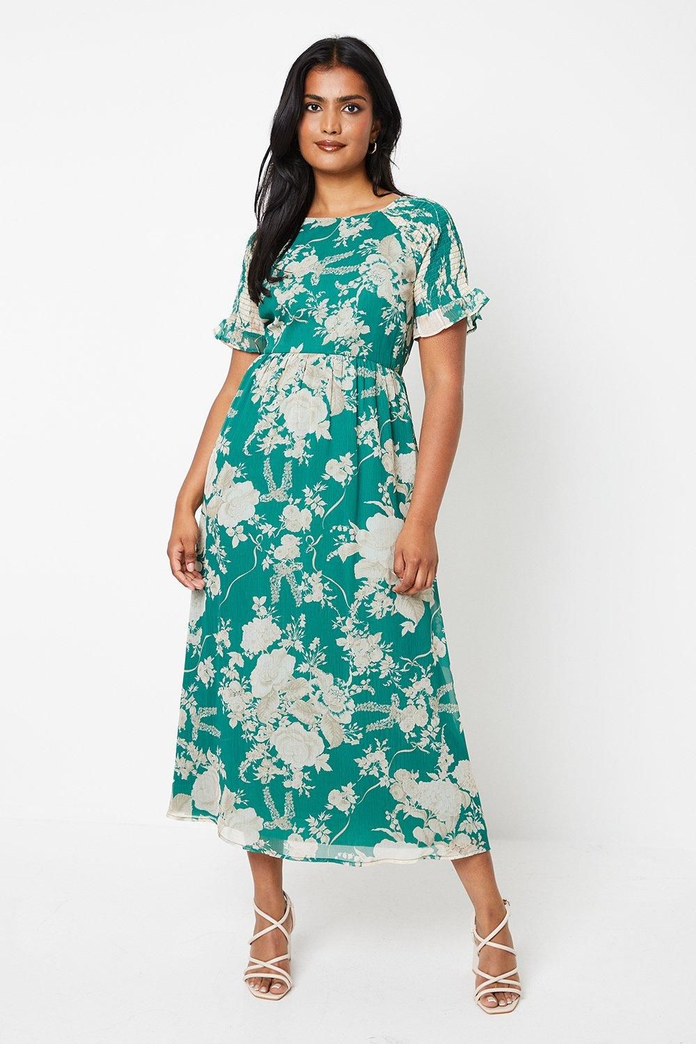 Oasis Floral Shirred Shoulder Chiffon Midi Dress Green image 1