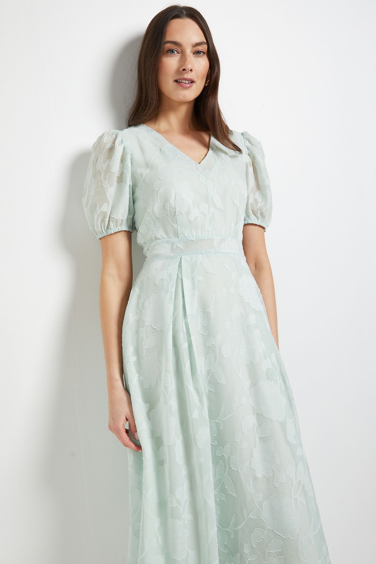 Principles Floral Jacquard Puff Sleeve Midi Dress Sage image 2