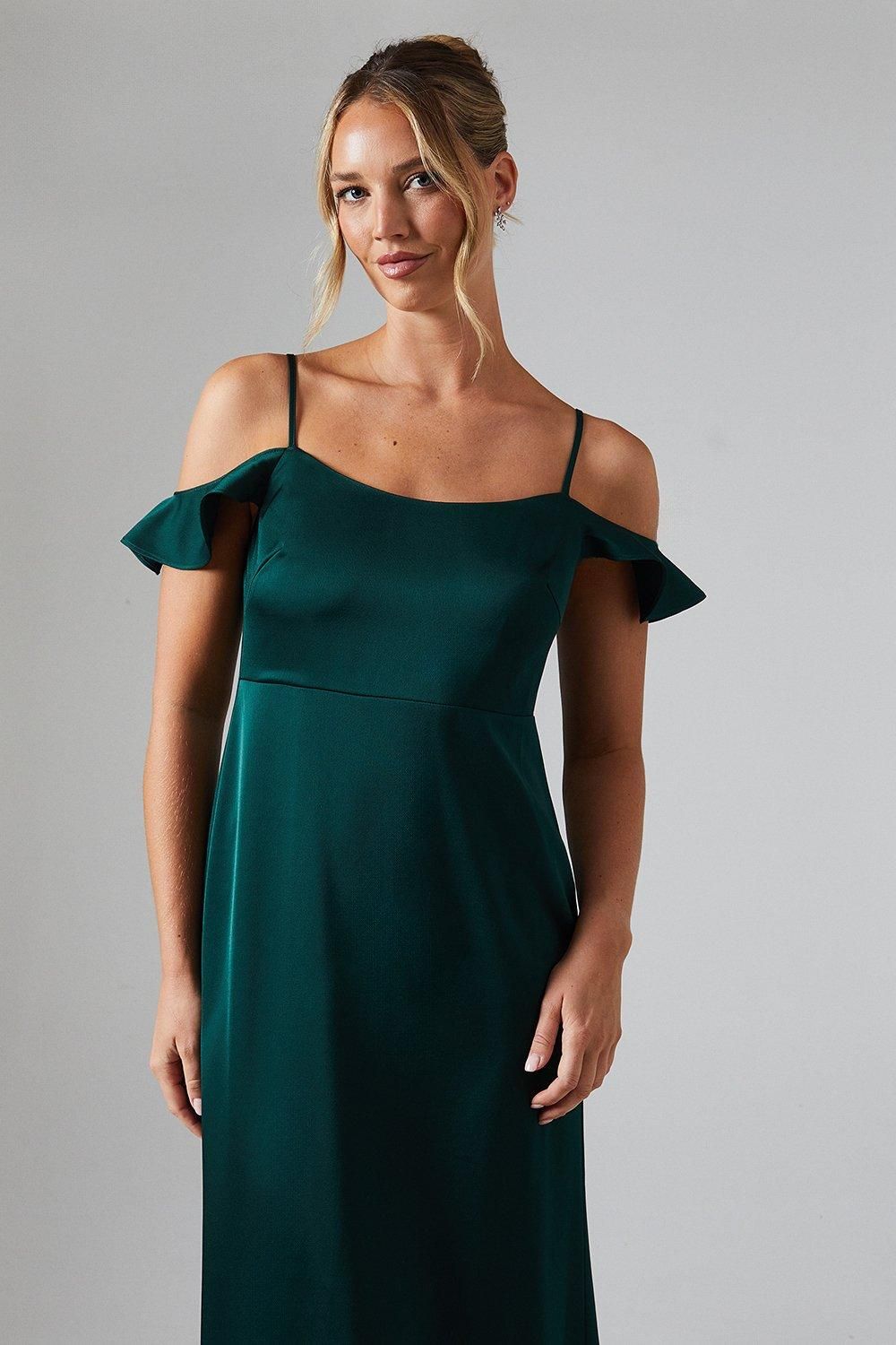 Oasis Cold Shoulder Satin Bridesmaid Midaxi Dress Emerald image 4
