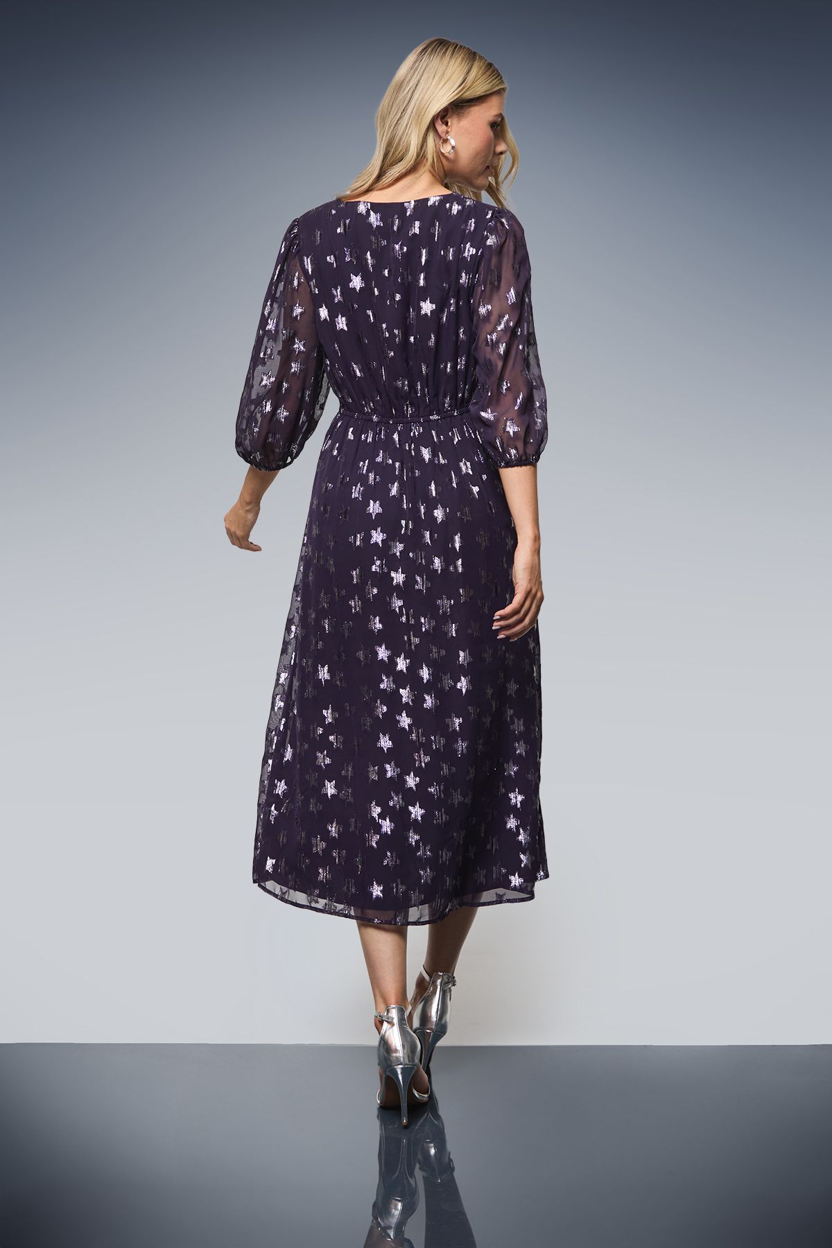 Dorothy Perkins DP Luxe Star Jacquard V Neck Blouson Sleeve Midi Dress Purple image 3