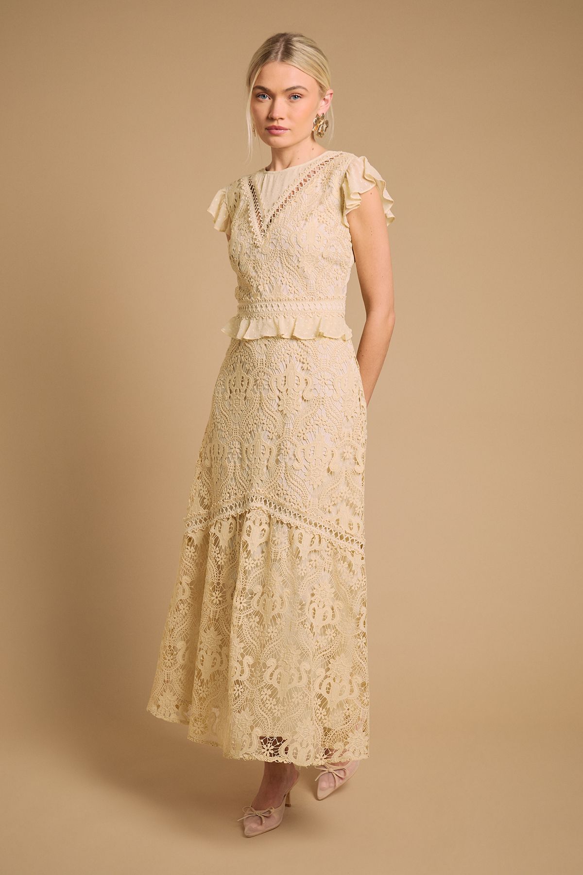 Oasis Dobby Lace Detail Midaxi Dress Yellow