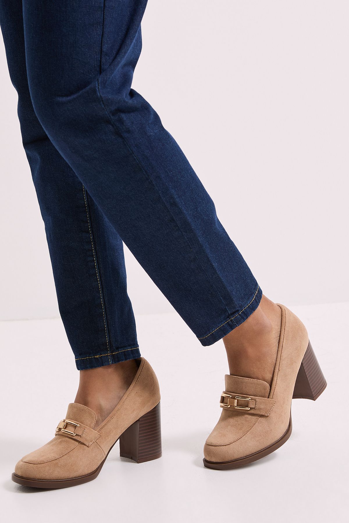 Dorothy Perkins Wide Fit Benita Faux Suede Snaffle Detail High Block Heeled Loafers Beige image 2