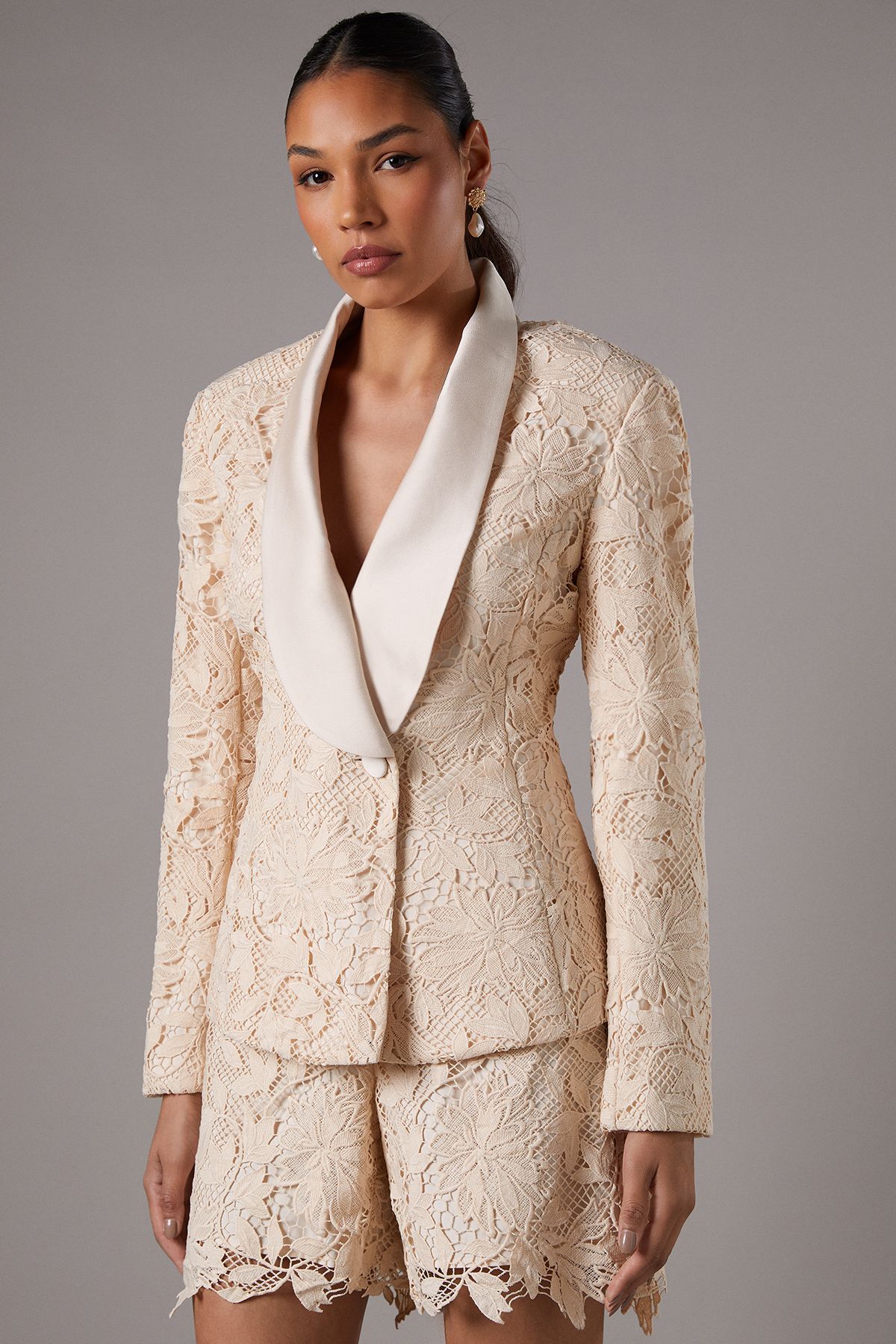 Coast Lace Double Breasted Blazer With Satin Lapel Champagne image 1