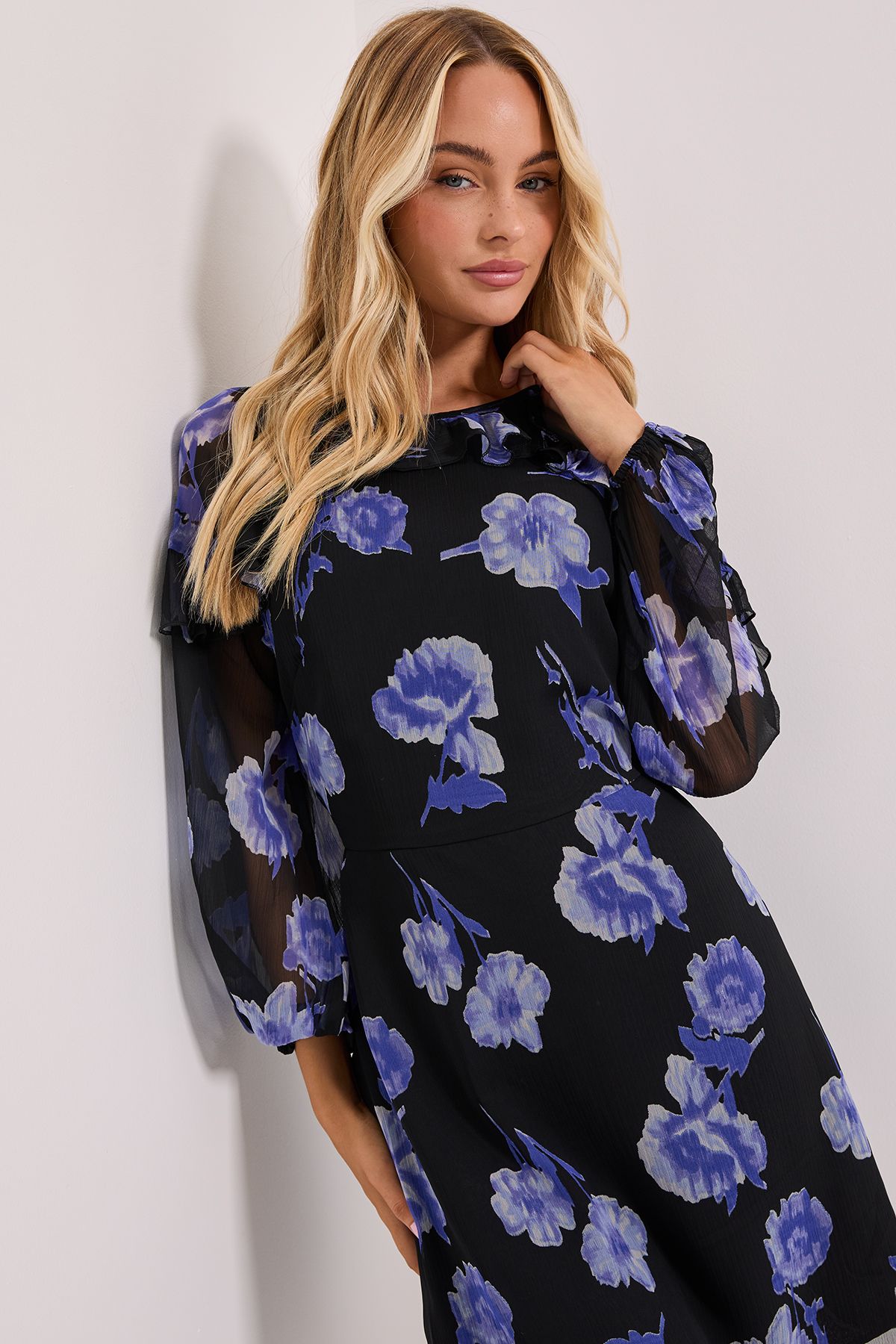 Dorothy Perkins Blue Floral Frill Detail Blouson Sleeve Mini Dress Blue image 5