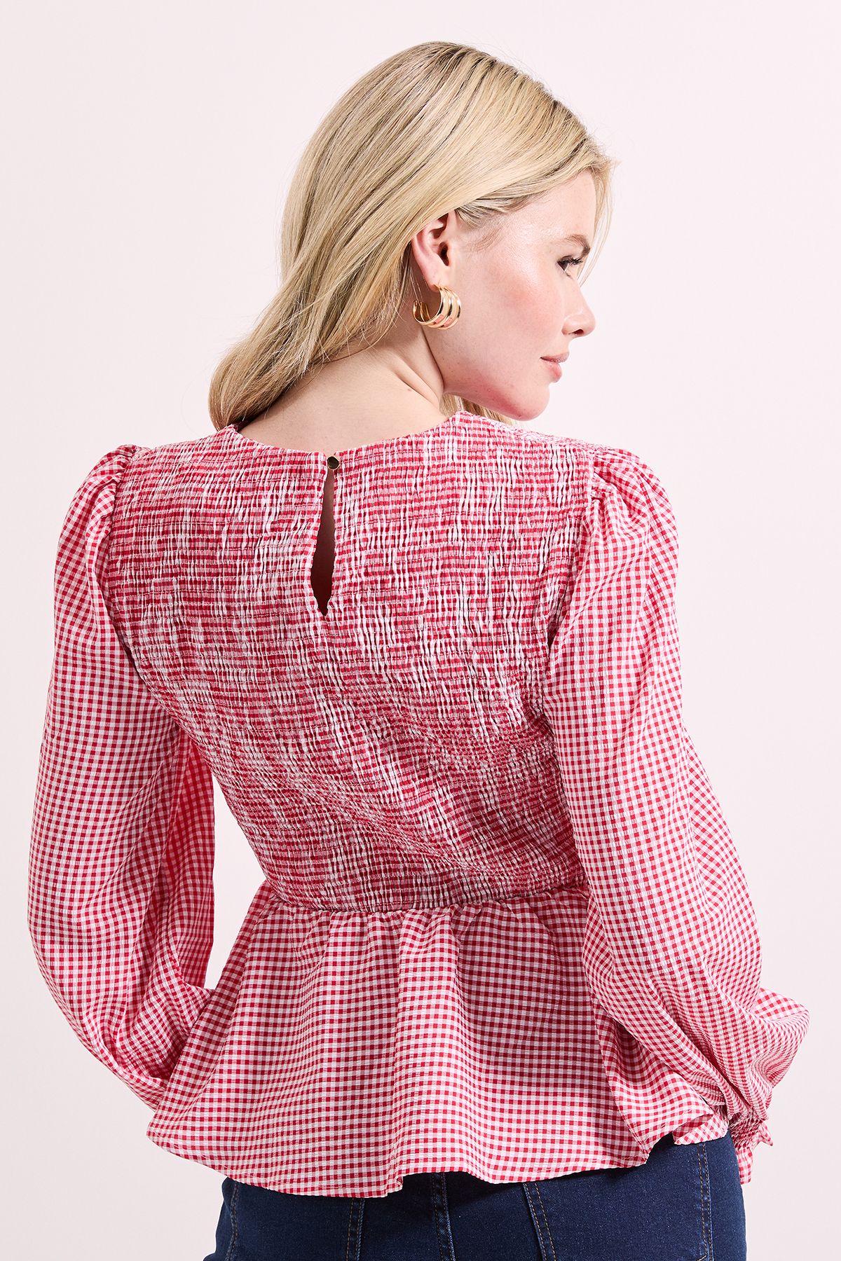Dorothy Perkins Gingham Shirred Bodice Blouson Sleeve Peplum Top Red image 4