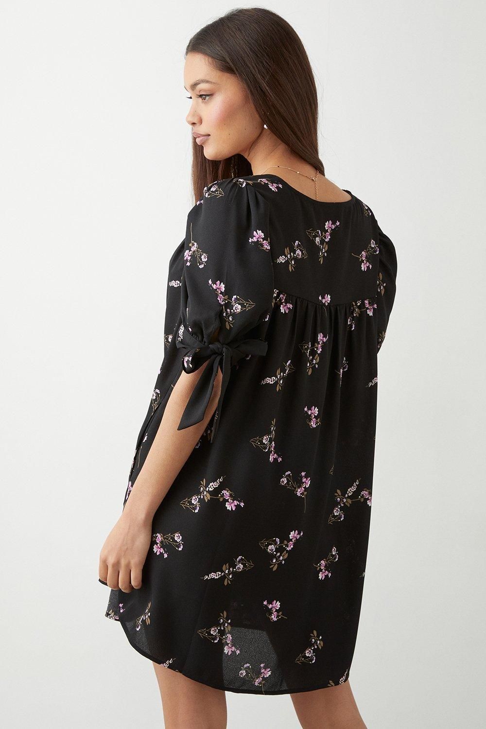 Dorothy Perkins Petite Black Floral Babydoll Mini Dress Black image 3
