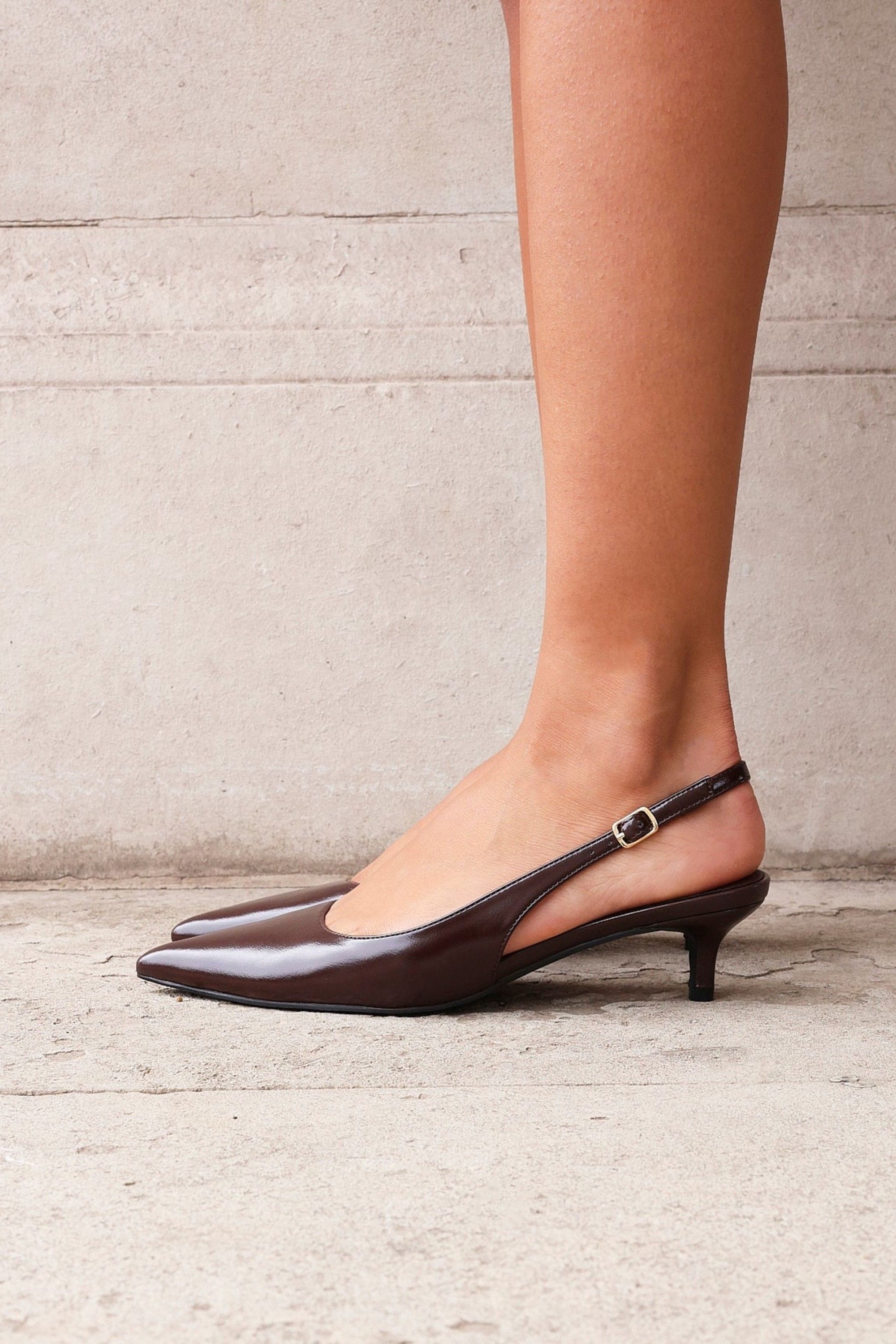 Linzi Elvira Brown Faux Leather Slingback Kitten Court Heels image 6