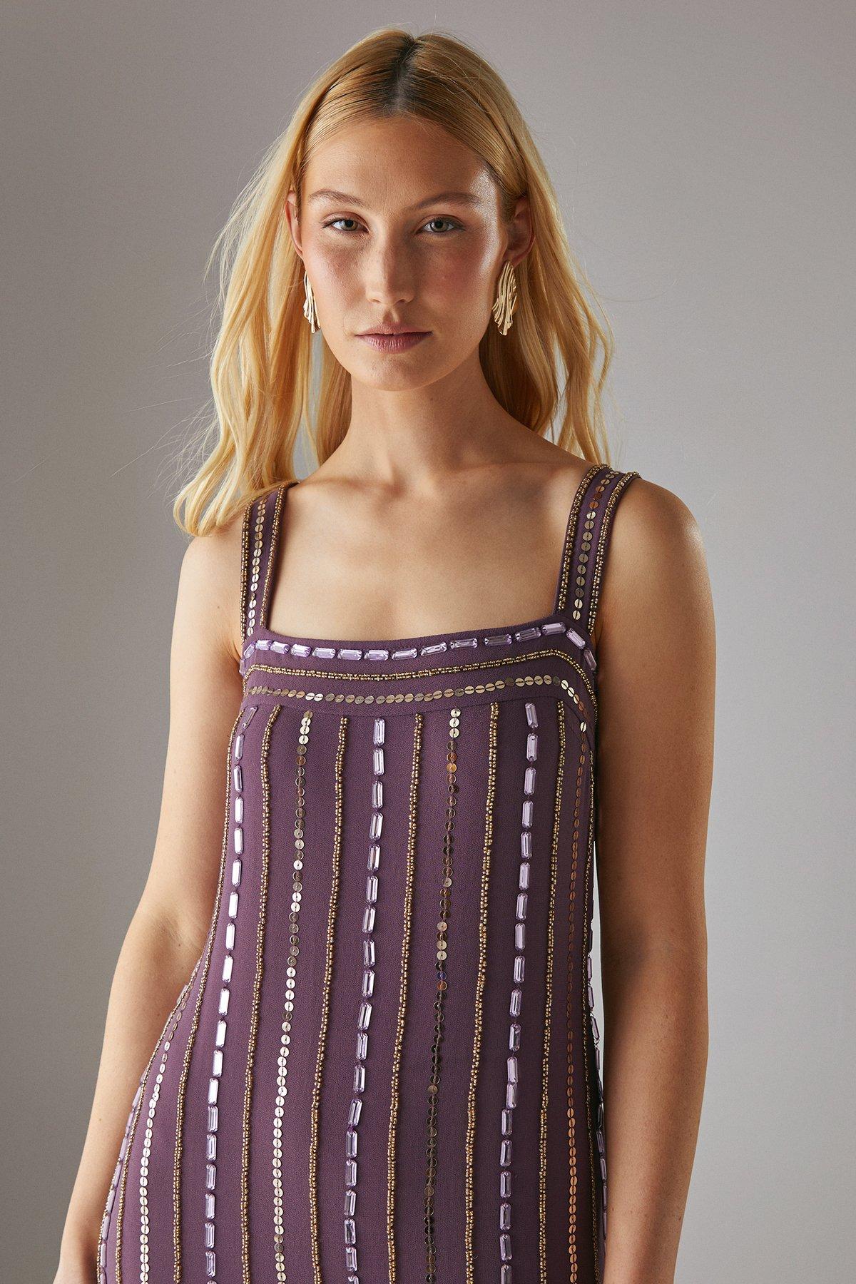 Warehouse Hand Embellished Sequin Square Neck Strappy Midi Dress Mauve image 4