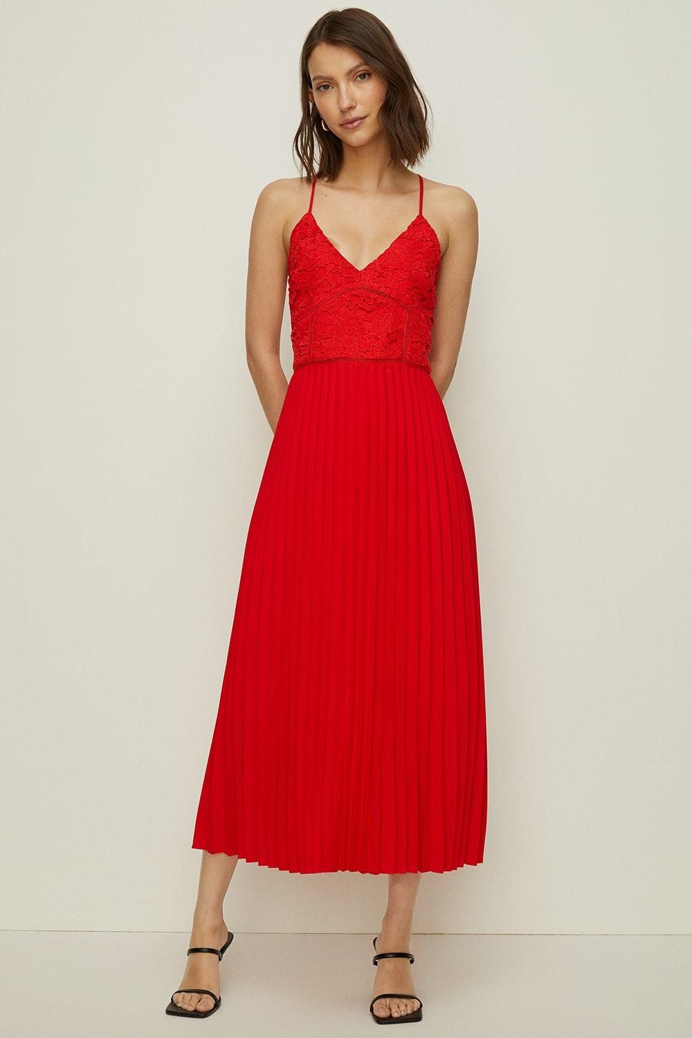 Oasis Strappy Lace V Neck Pleat Midi Dress Red image 2