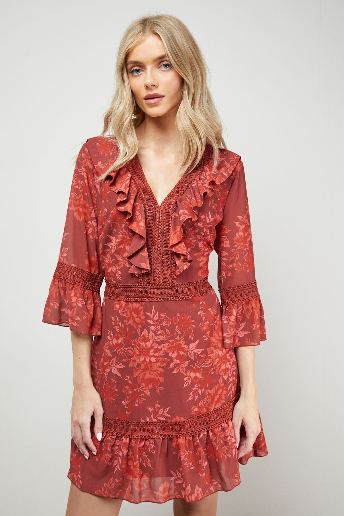 Oasis Printed Lace Detail V Neck Ruffle Mini Dress Floral image 1