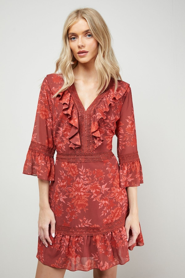 Oasis Printed Lace Detail V Neck Ruffle Mini Dress Floral