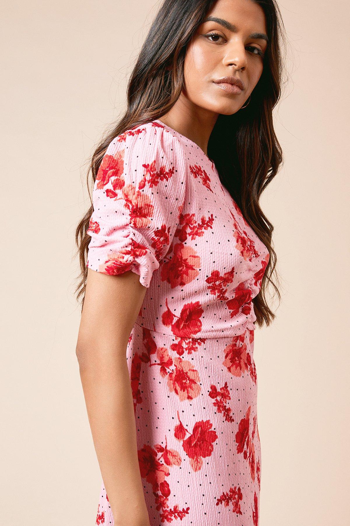 Dorothy Perkins Petite Floral Ruched Sleeve Jersey Midi Dress Floral image 4