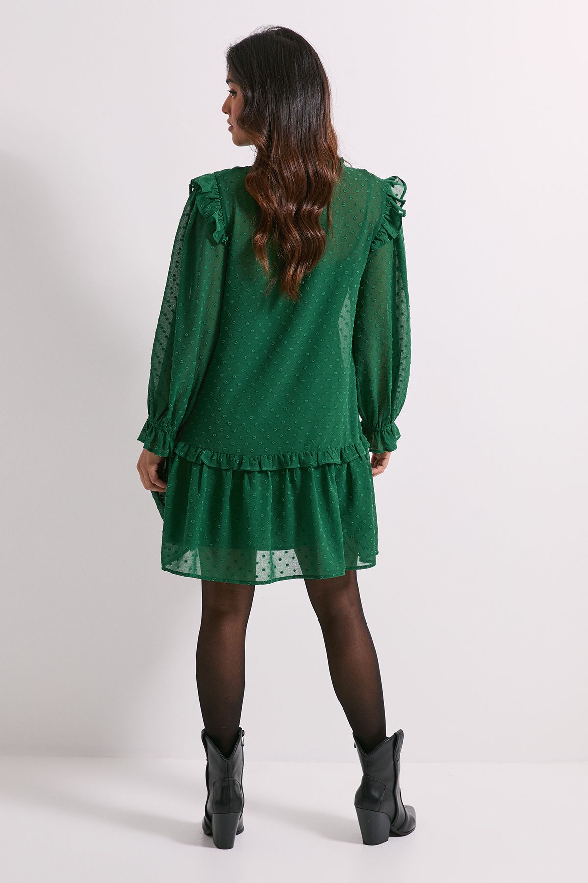 Dorothy Perkins Petite Tiered Hem Tie Neck Shift Dress Green image 3