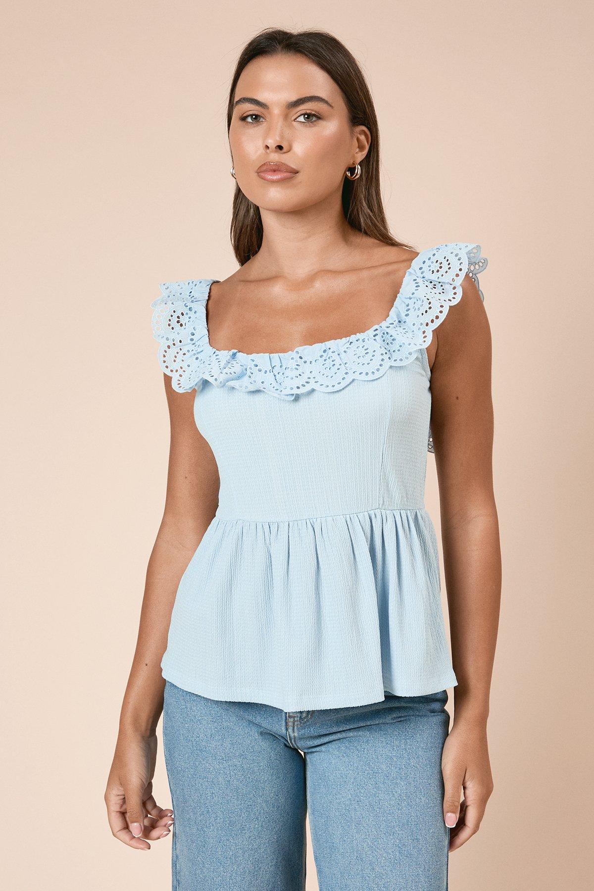 Dorothy Perkins Broderie Sleeve Peplum Jersey Top Pale Blue image 2