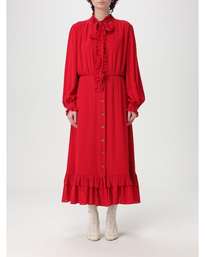 Valentino Ruffled Midi Dress Wo - Red Dresses