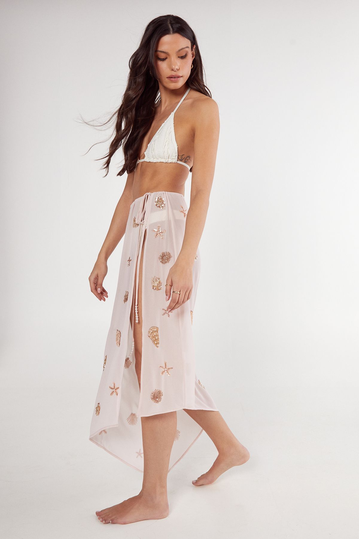 NastyGal Shell and Starfish Tie Side Maxi Beach Skirt Baby Pink image 2
