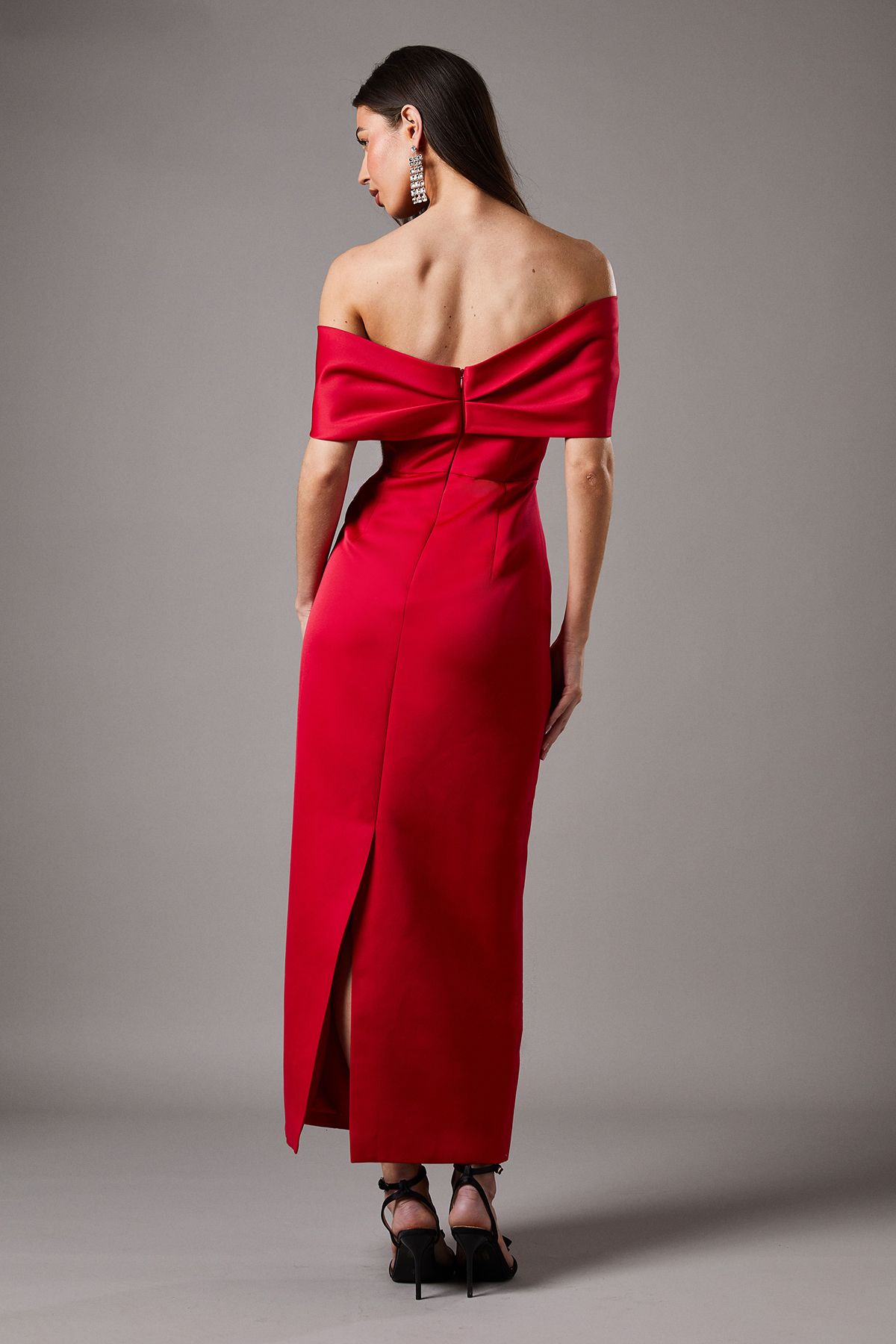 Coast Structured Satin Bardot Bow Column Maxi Bridesmaid Dress Red image 3