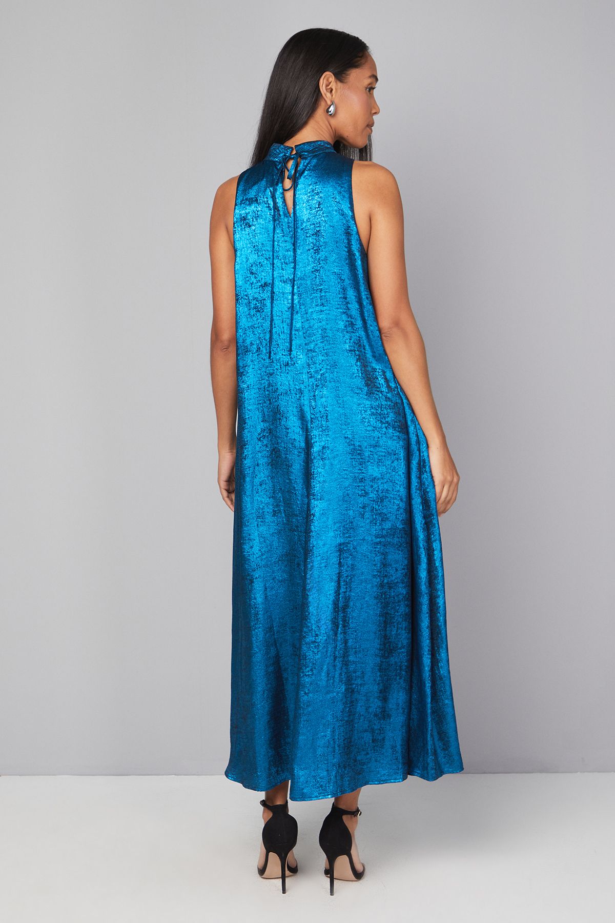 Principles Halterneck Pleated Metallic Midaxi Dress Blue image 3