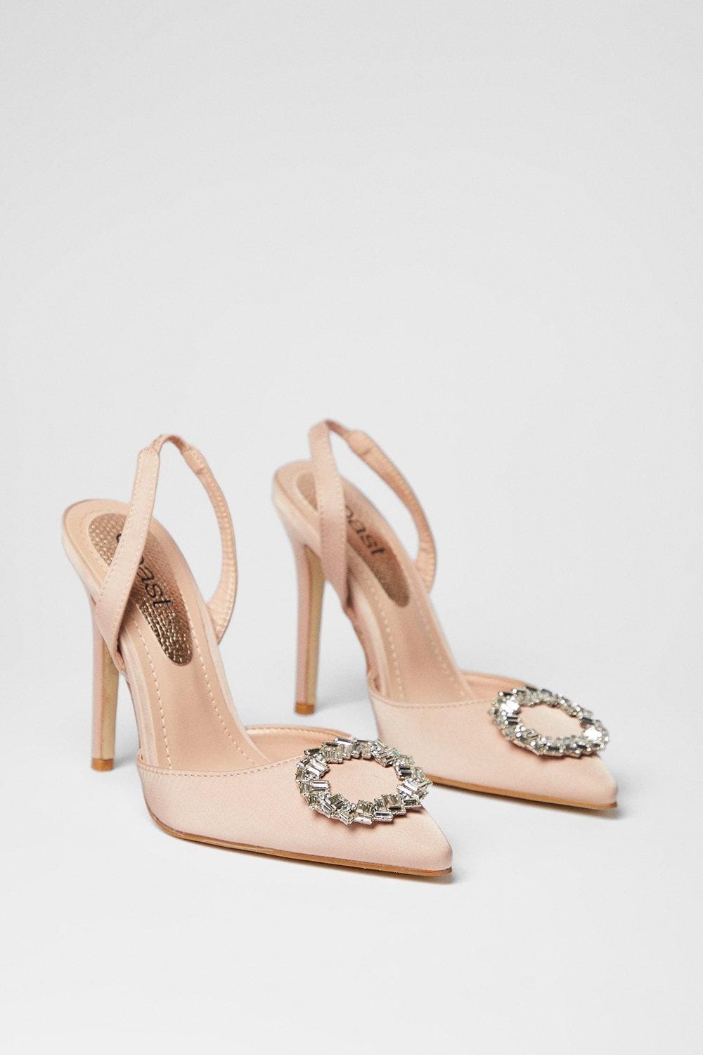Coast Serenity Satin Brooch Detail High Heel Slingback Court Shoes Champagne image 3