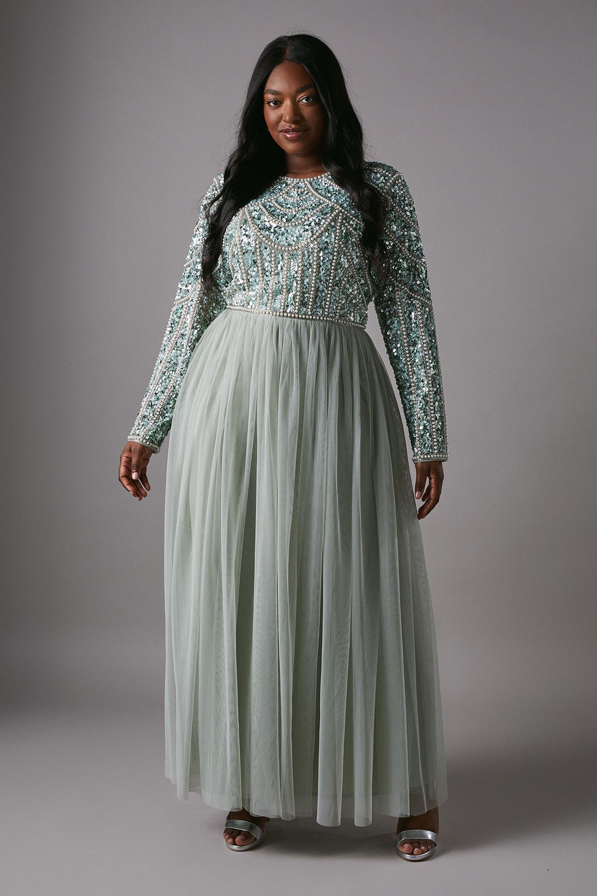 Coast Plus Size Pearl Embellished Bodice Bridesmaid Tulle Skirt Dress Sage image 2