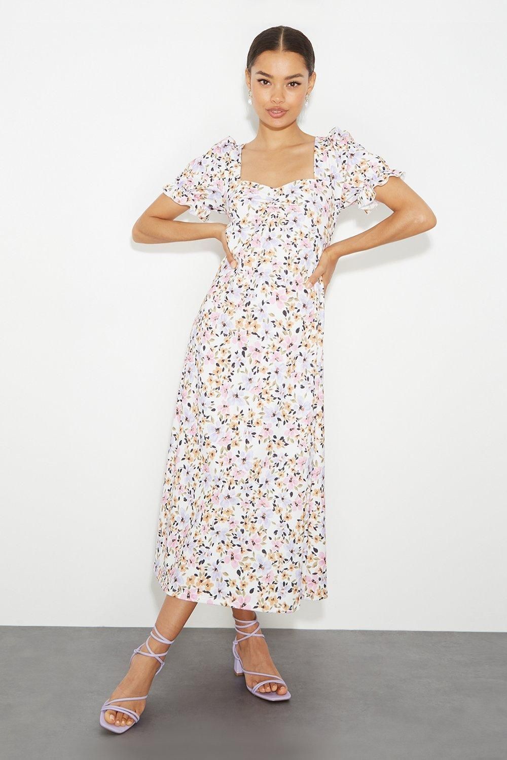 Dorothy Perkins Petite Floral Sweetheart Puff Jersey Midi Dress Floral