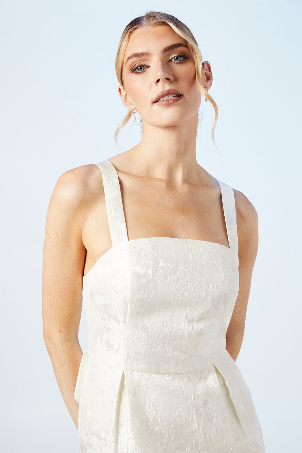 Oasis Cross Back Column Jacquard Wedding Dress With Bow Midi Detail Ivory image 4