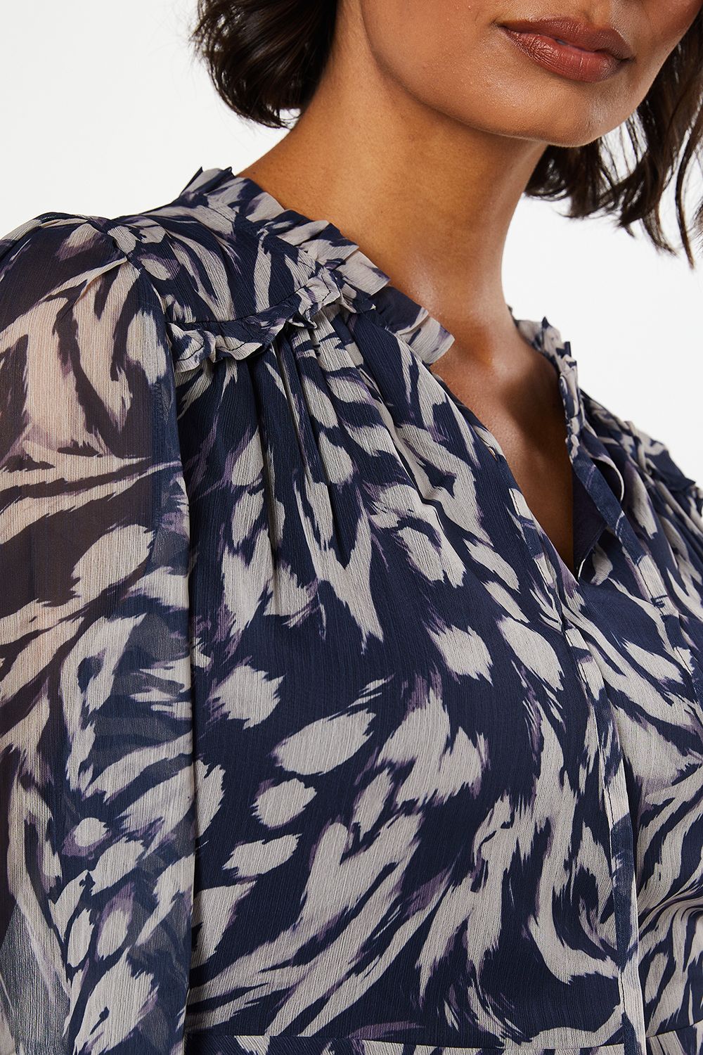 Dorothy Perkins Navy Animal Chiffon Ruffle Hem Long Sleeve Mini Dress Navy image 5