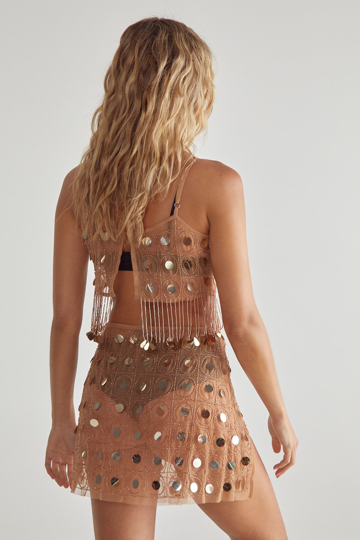 NastyGal Coin and Tassel Detail Cropped Top and Mini Skirt Tan image 4