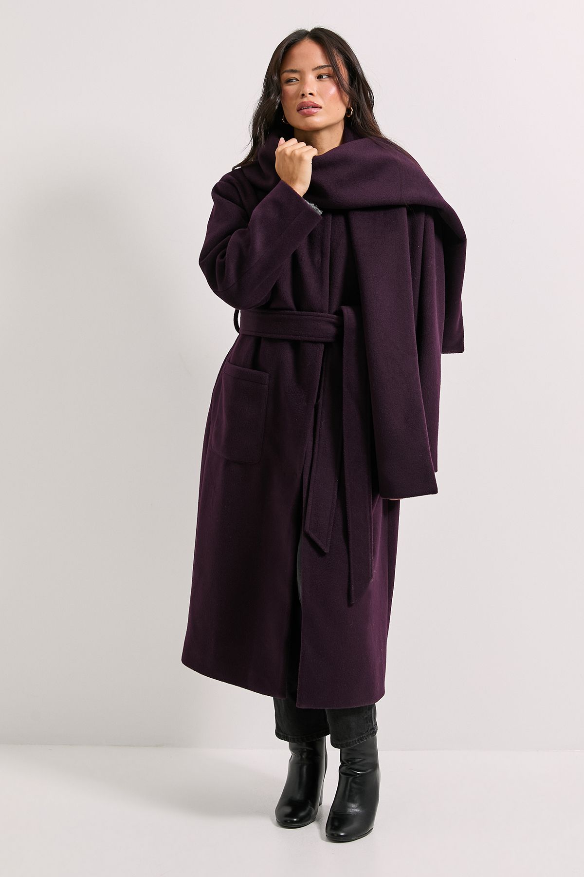 Dorothy Perkins Belted Round Neck Scarf Coat Cherry