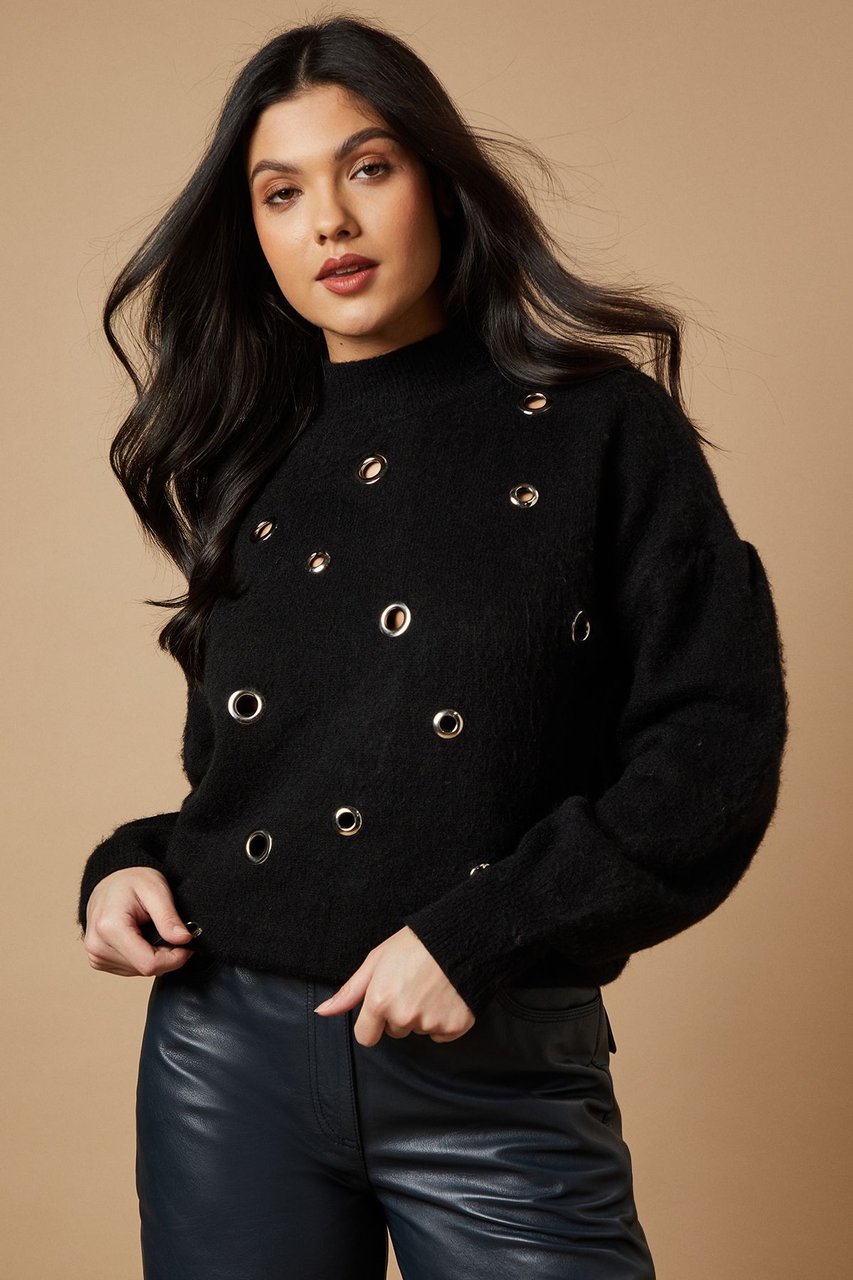 Warehouse Eyelet Scoop Neck Jumper Black image 1